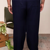 Calça Reta de Linho com Bolso - Azul Marinho - Uhnika