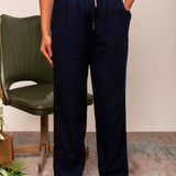 Calça Reta de Linho com Bolso - Azul Marinho - Uhnika