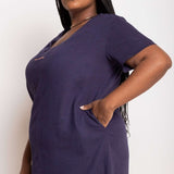 Vestido Feminino Solto de Linho - Azul Marinho - Uhnika