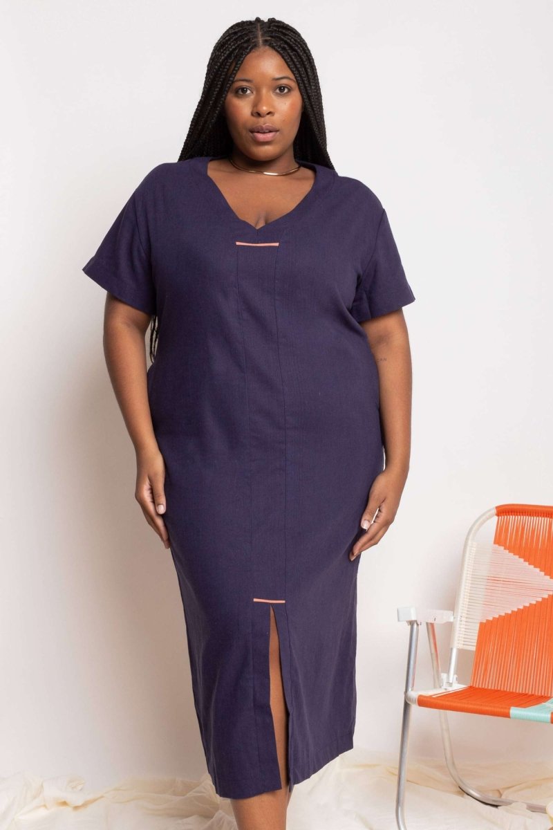 Vestido Feminino Solto de Linho - Azul Marinho - Uhnika