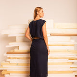 Vestido Transpassado de Linho Alongado - Azul Marinho - Uhnika