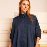 Camisa Ampla com Pregas - Azul Marinho - Uhnika