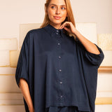 Camisa Ampla com Pregas - Azul Marinho - Uhnika