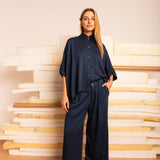 Camisa Ampla com Pregas - Azul Marinho - Uhnika