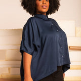 Camisa Ampla com Pregas - Azul Marinho - Uhnika