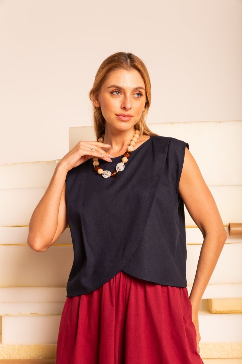 Blusa Feminina de Linho Pétala - Azul Marinho - Uhnika