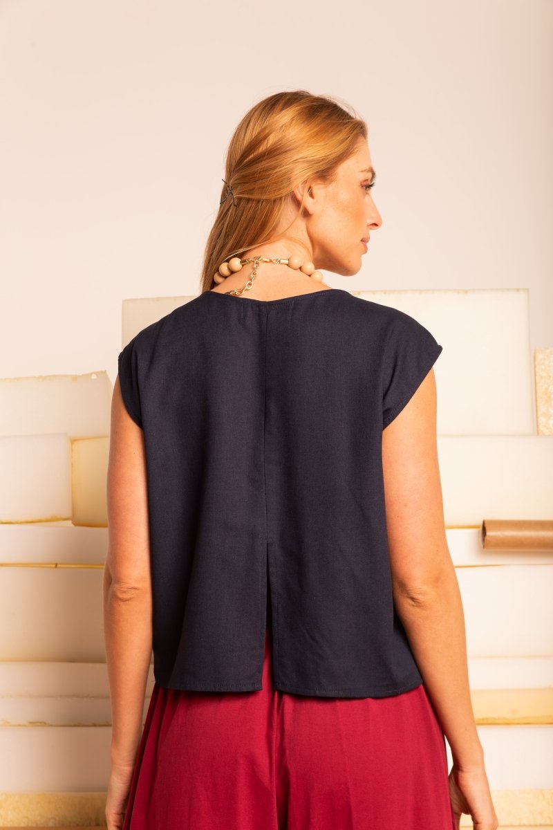 Blusa Feminina de Linho Pétala - Azul Marinho - Uhnika