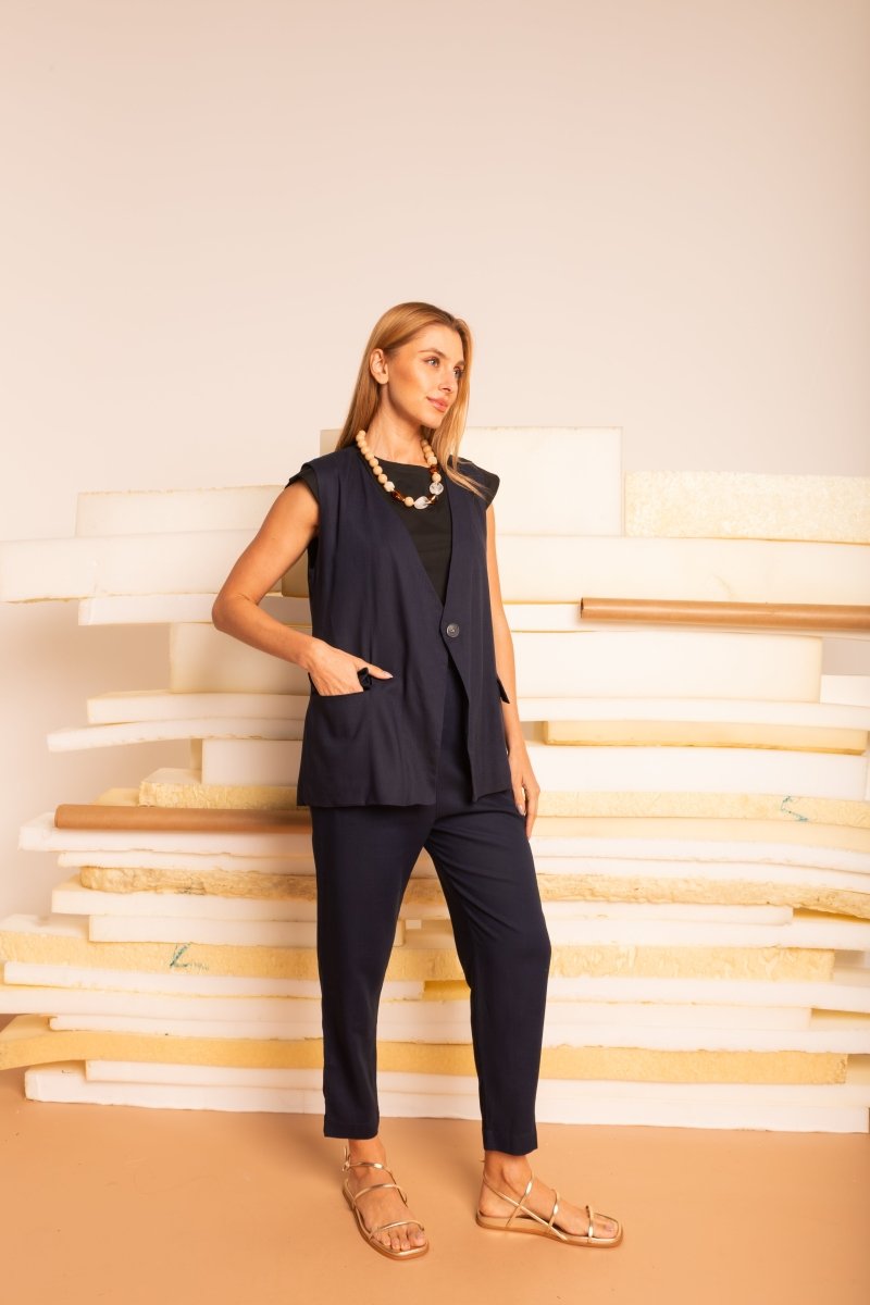 Colete de Linho Alongado - Azul Marinho - Uhnika