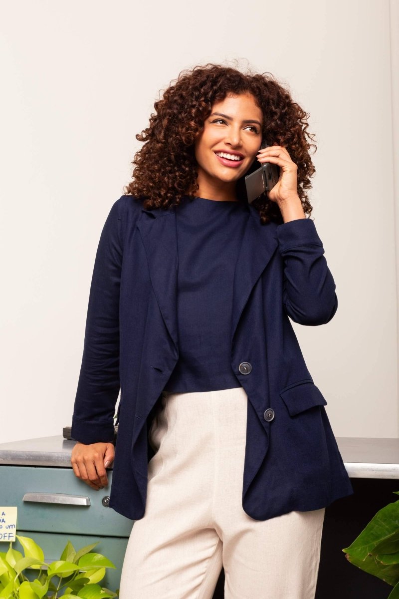 Blazer de Linho Alongado Verão - Azul Marinho - Uhnika