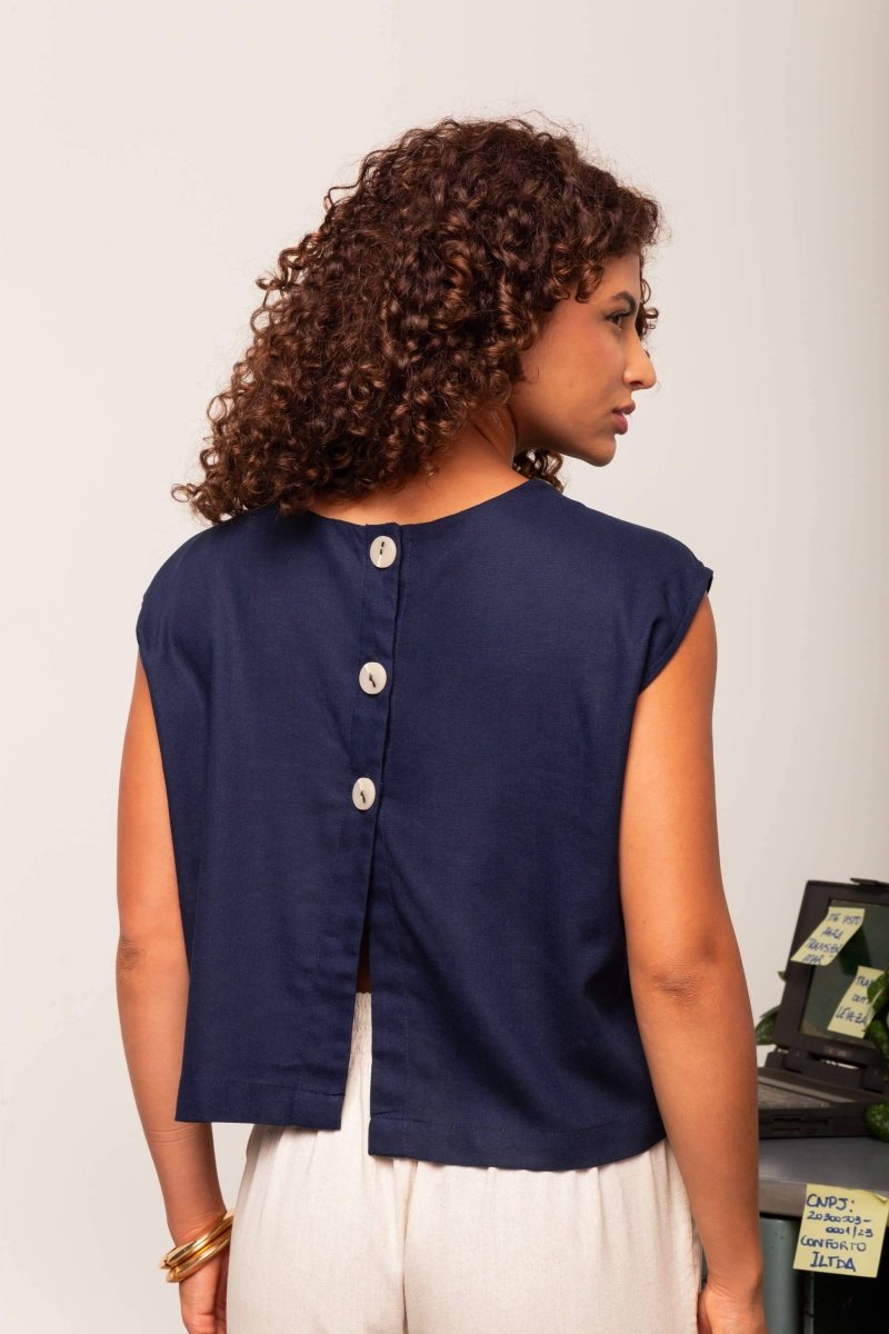 Blusa de Linho com Botões - Azul Marinho - Uhnika