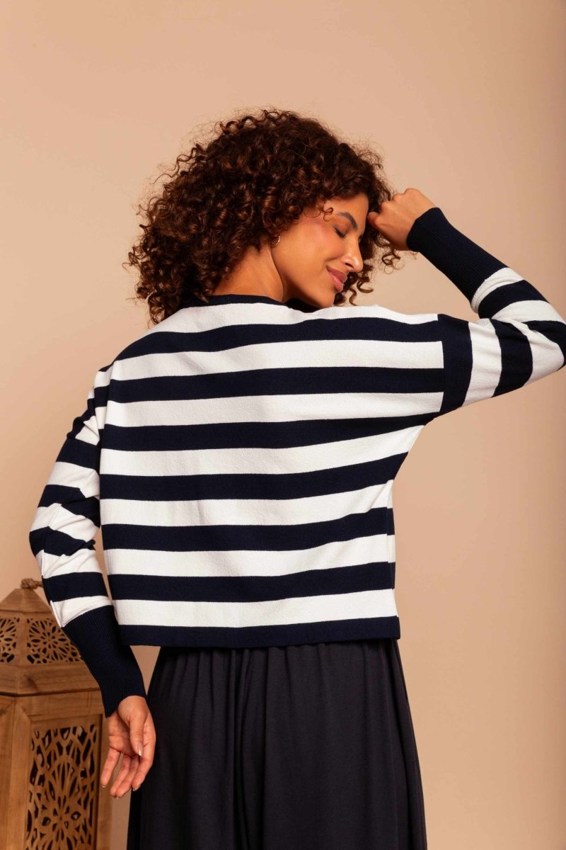 Blusa de Tricot Modal Listrada - Azul Marinho - Uhnika