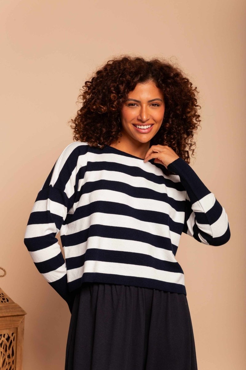 Blusa de Tricot Modal Listrada - Azul Marinho - Uhnika