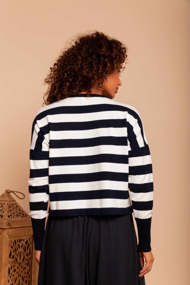 Blusa de Tricot Modal Listrada - Azul Marinho - Uhnika