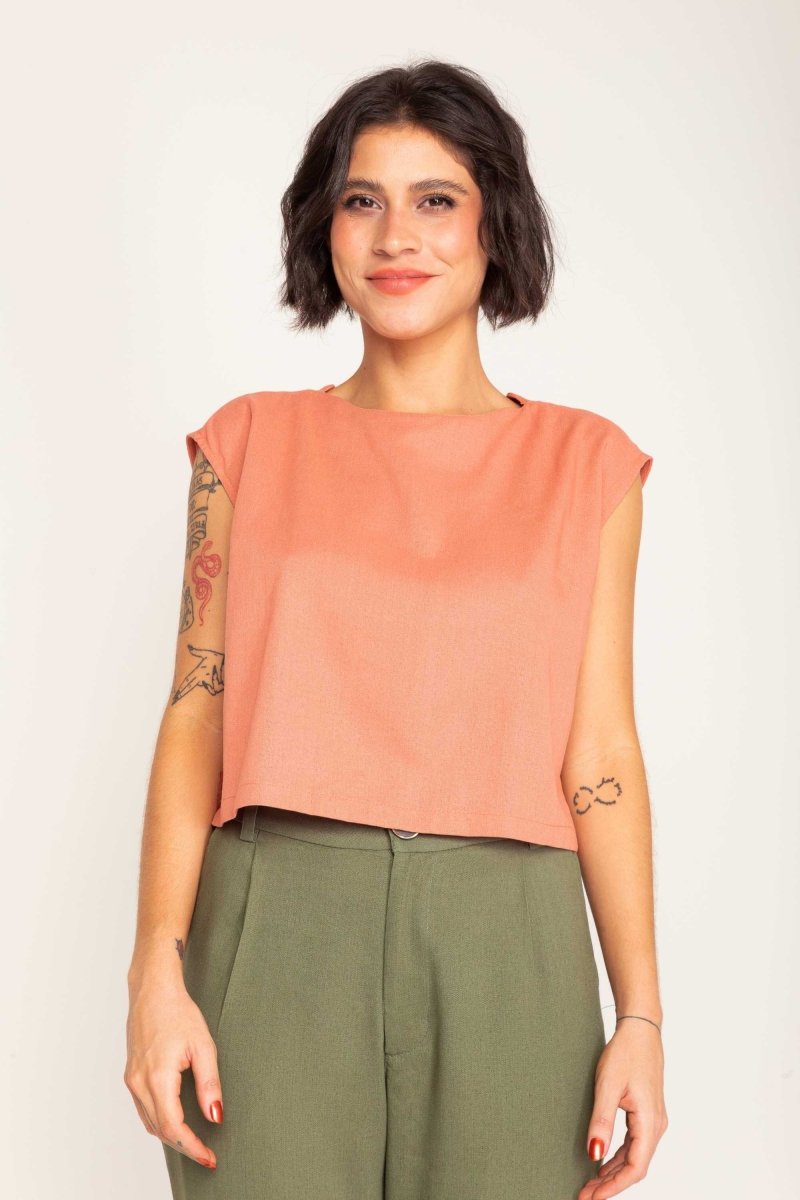 Blusa de Linho com Botões - Coral - Uhnika