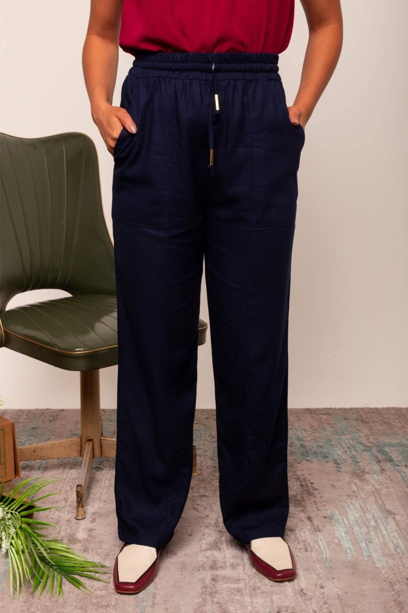 Calça Reta de Linho com Bolso - Azul Marinho - Uhnika