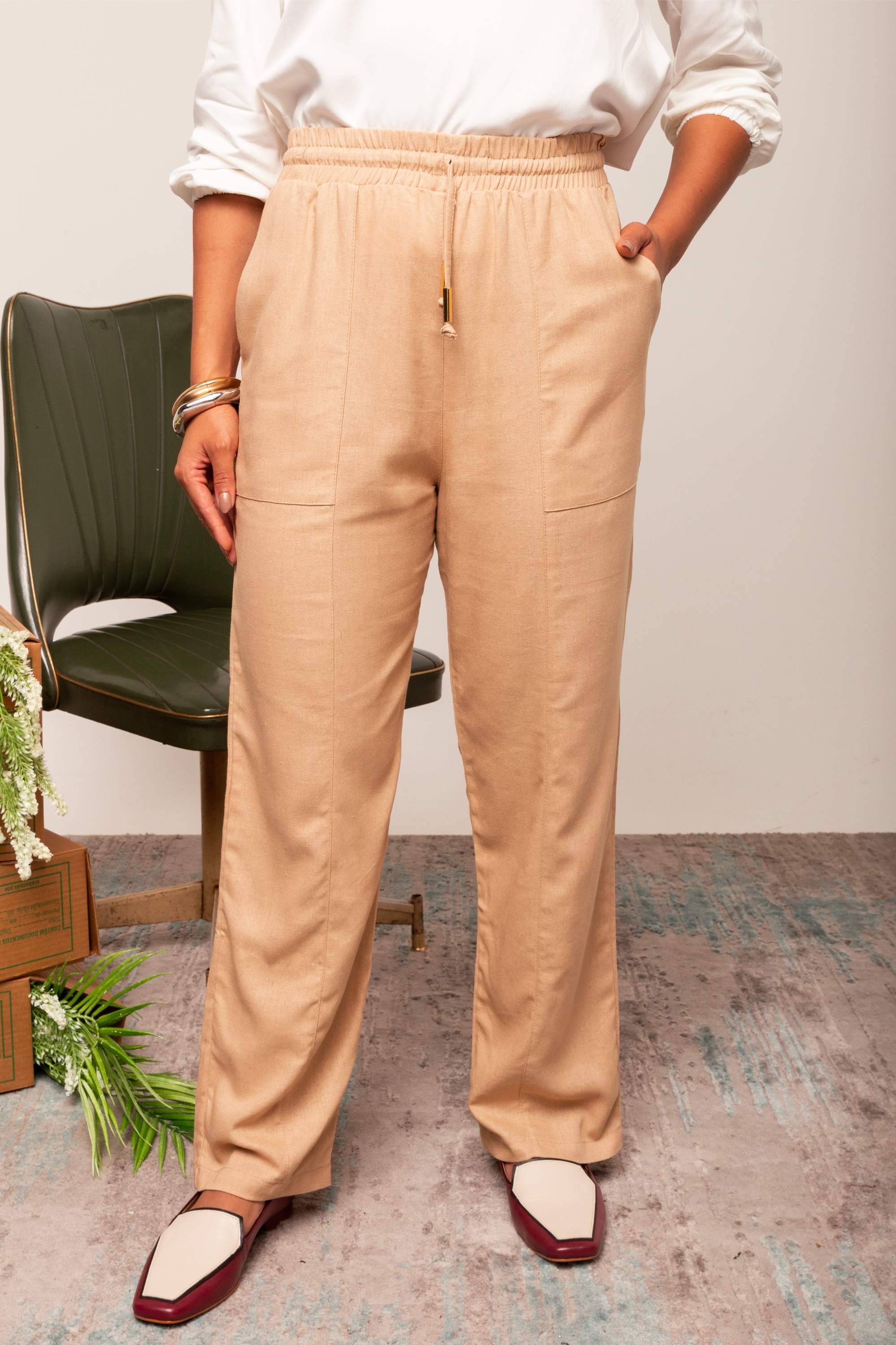 Calça Reta de Linho com Bolso