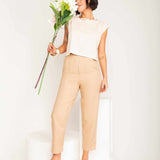 Calça Skinny de Linho com Zíper Frontal - Capuccino - Uhnika