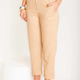 Calça Skinny de Linho com Zíper Frontal - Capuccino - Uhnika