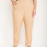 Calça Skinny de Linho com Zíper Frontal - Capuccino - Uhnika