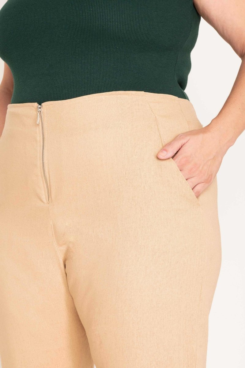Calça Skinny de Linho com Zíper Frontal - Capuccino - Uhnika