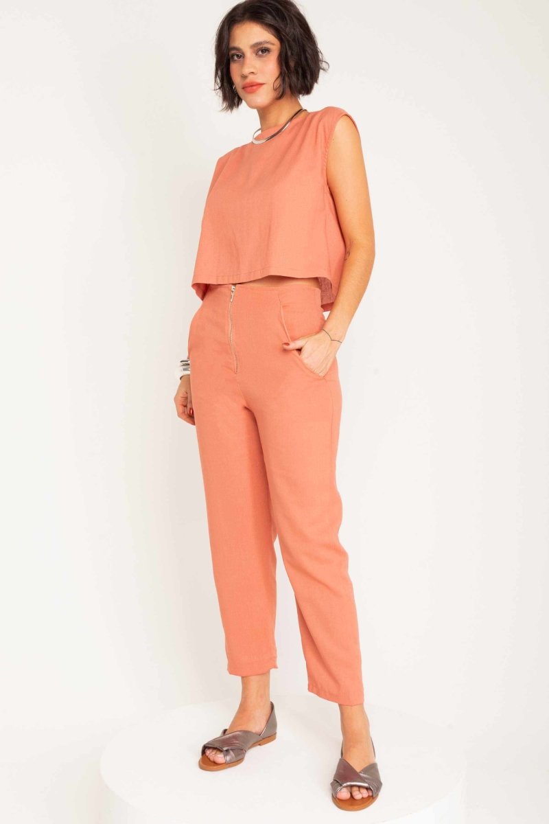 Calça Skinny de Linho com Zíper Frontal - Coral - Uhnika