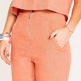 Calça Skinny de Linho com Zíper Frontal - Coral - Uhnika