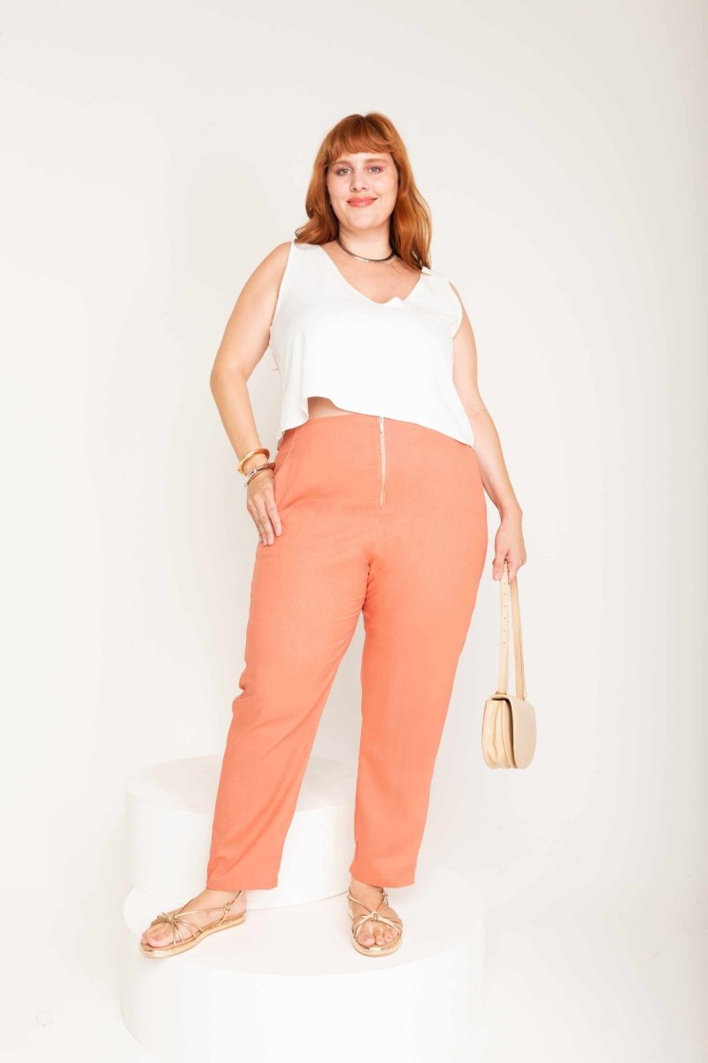 Calça Skinny de Linho com Zíper Frontal - Coral - Uhnika