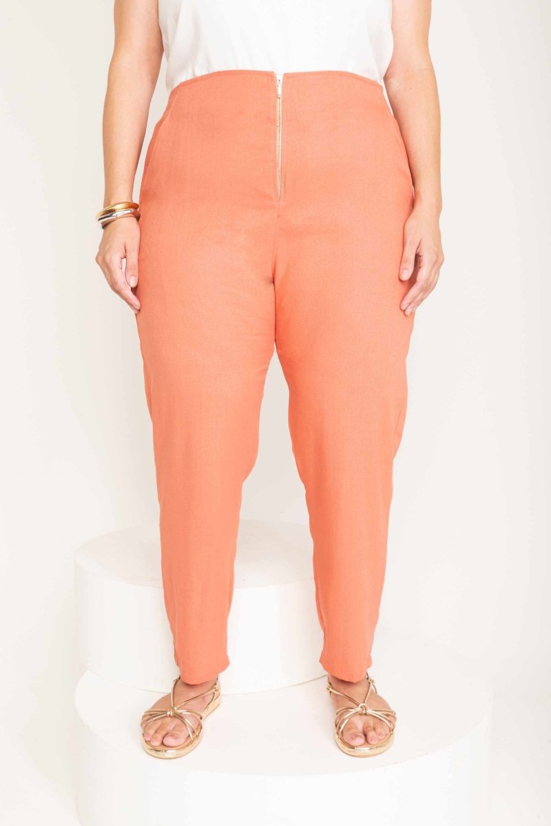 Calça Skinny de Linho com Zíper Frontal - Coral - Uhnika