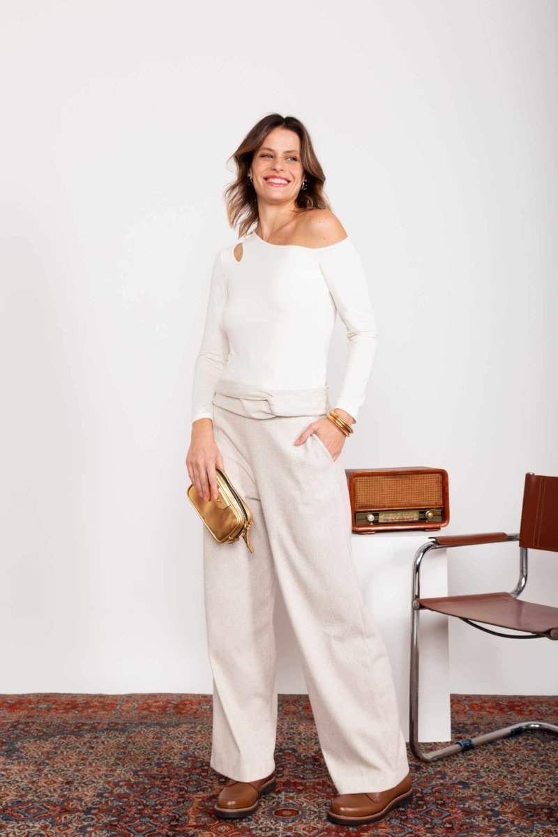 Calça Wide Leg Moletinho com Nó - Off White - Uhnika
