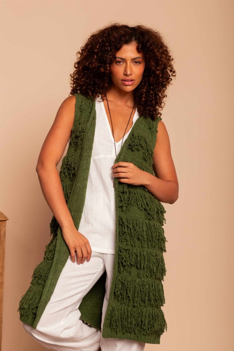 Colete Midi de Tricot com Franjas