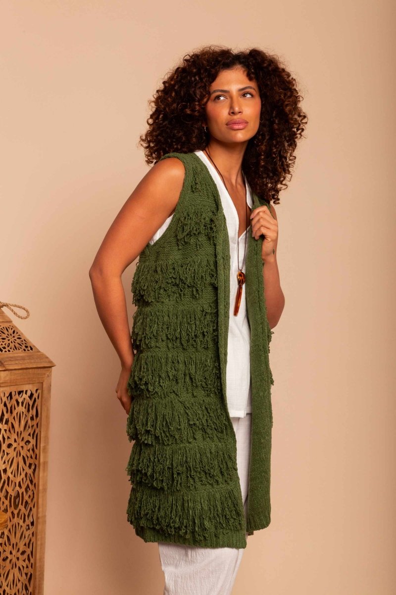 Colete Midi de Tricot com Franjas - Verde - Uhnika