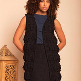 Colete Midi de Tricot com Franjas - Preto - Uhnika