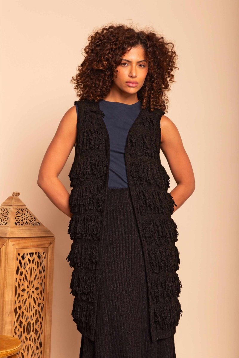 Colete Midi de Tricot com Franjas