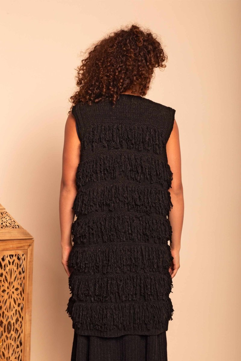 Colete Midi de Tricot com Franjas - Preto - Uhnika