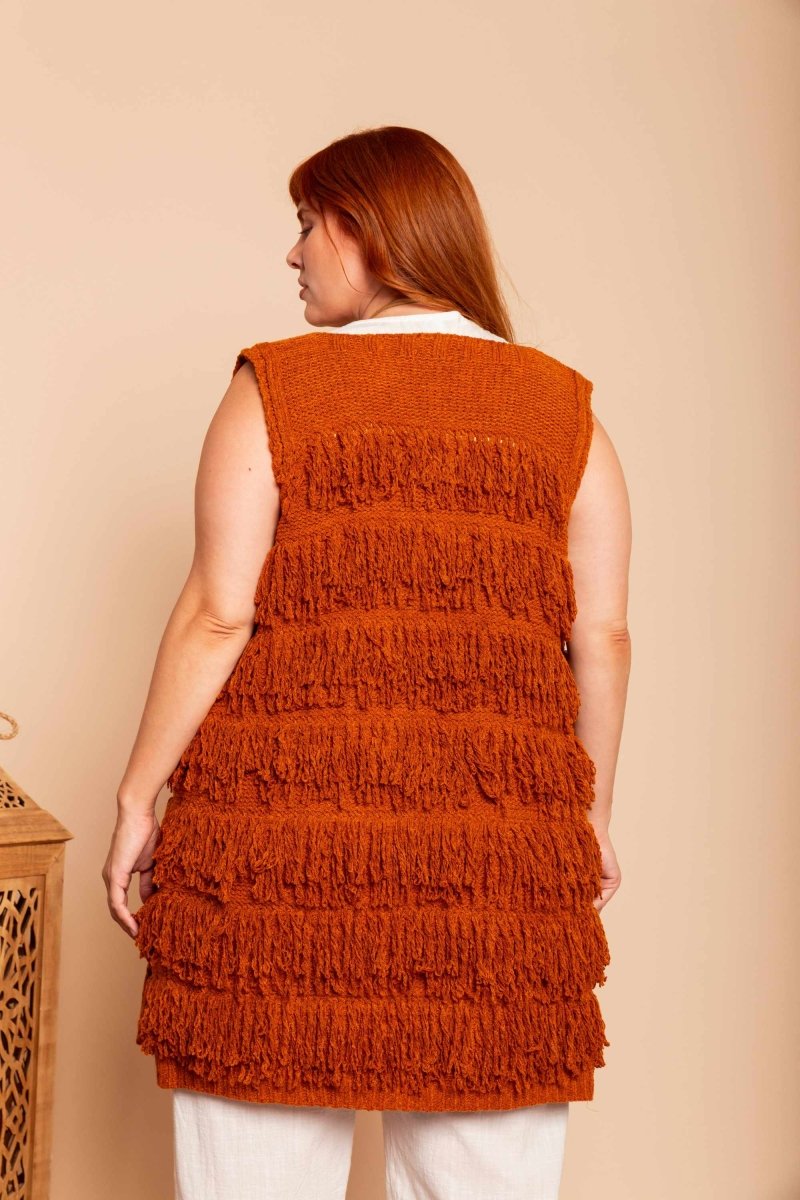 Colete Midi de Tricot com Franjas - Preto - Uhnika