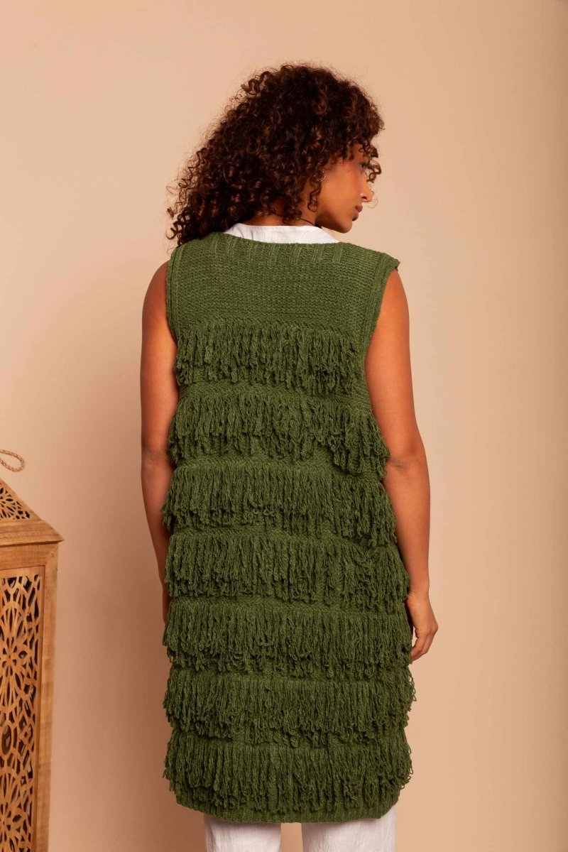 Colete Midi de Tricot com Franjas - Verde - Uhnika