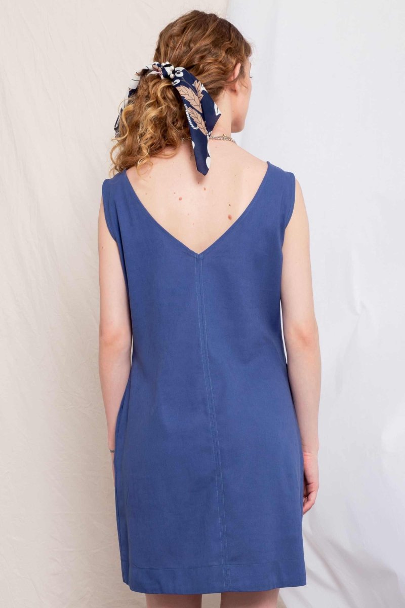 Vestido Curto de Linho Decote V - Azul - Uhnika