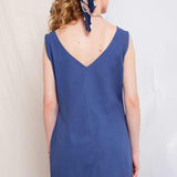 Vestido Curto de Linho Decote V - Azul - Uhnika