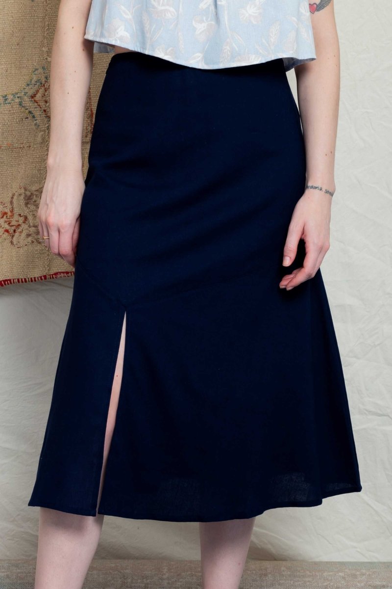 Saia Midi de Linho com Fenda - Azul Marinho - Uhnika