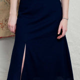 Saia Midi de Linho com Fenda - Azul Marinho - Uhnika