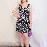 Vestido Curto de Linho Decote V - Floral Preto - Uhnika