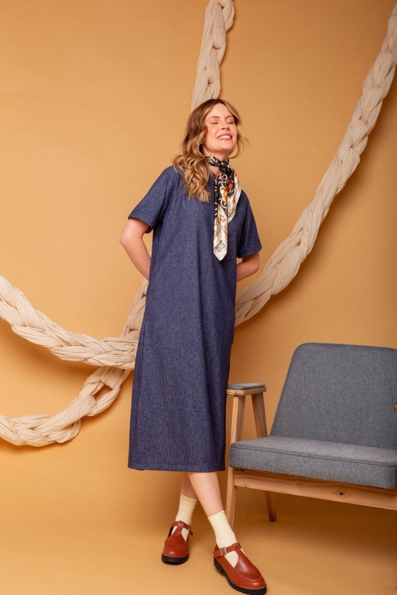 Vestido Midi Manga Curta - Azul - Uhnika