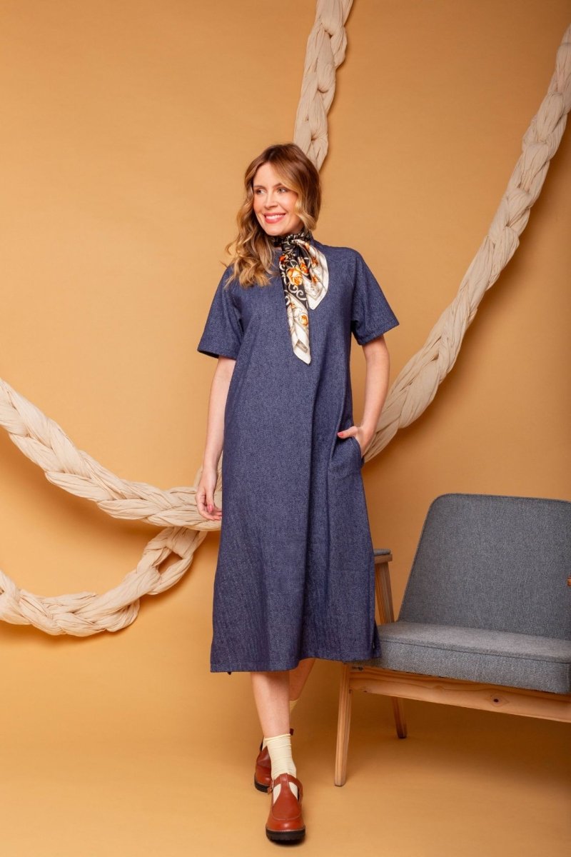Vestido Midi Manga Curta - Azul - Uhnika