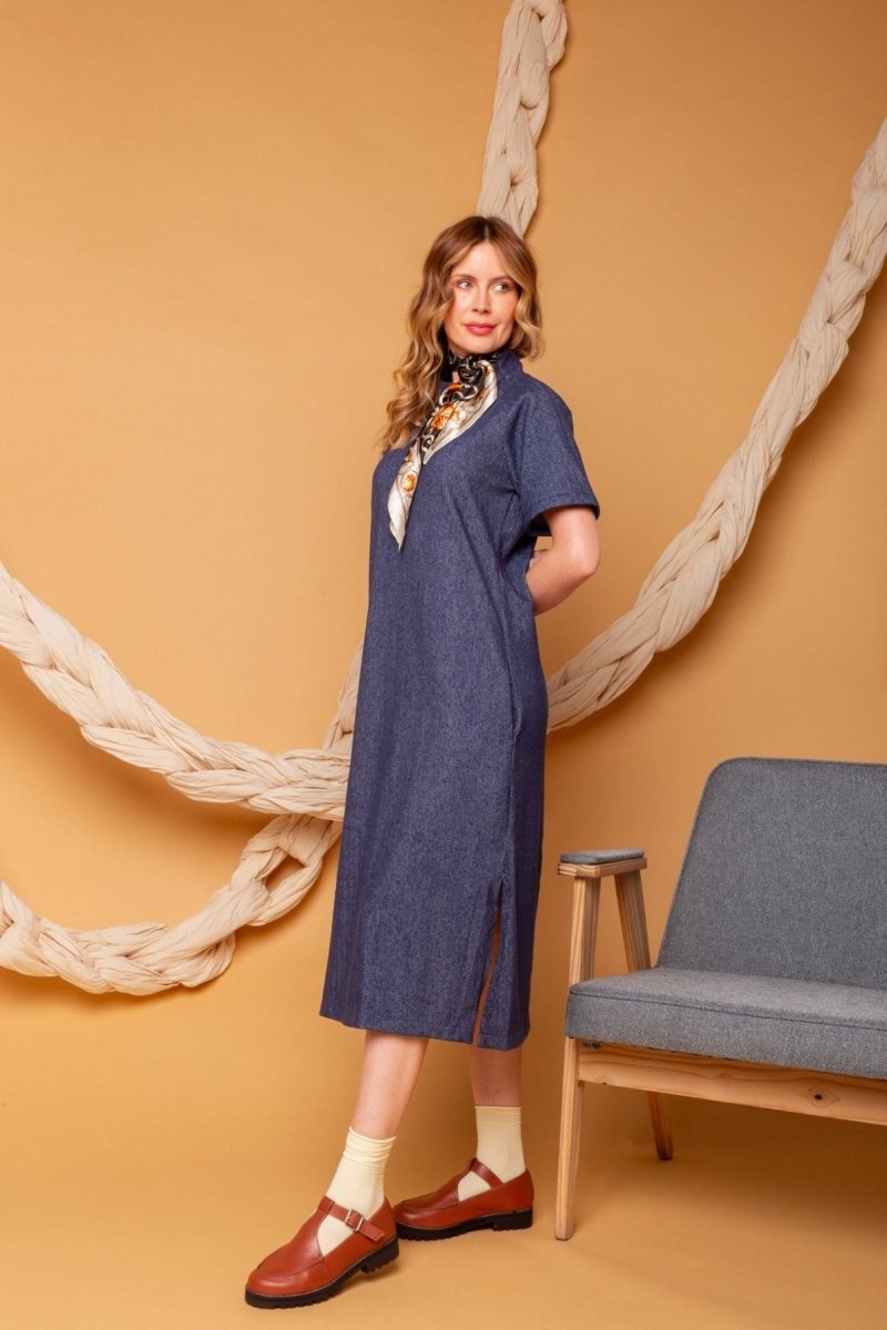 Vestido Midi Manga Curta - Azul - Uhnika
