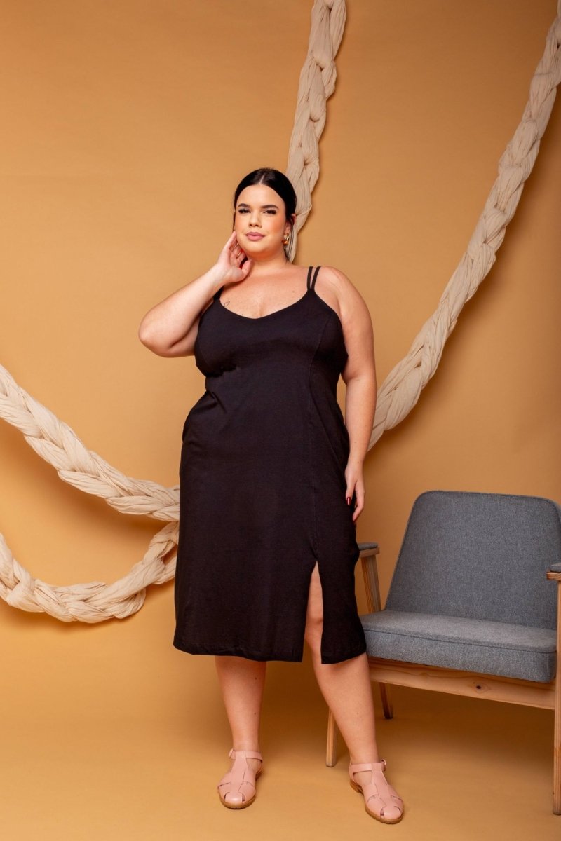 Vestido Midi de Algodão com Fenda - Preto - Uhnika