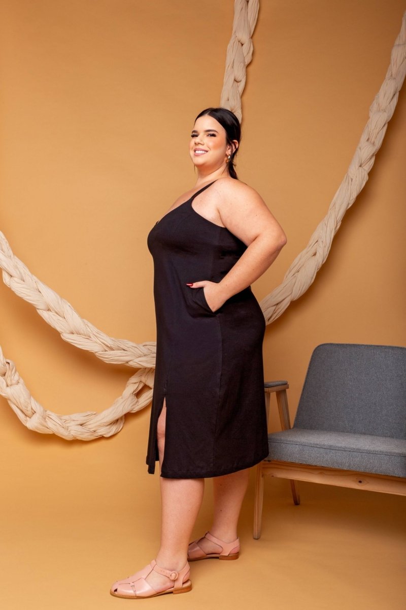 Vestido Midi de Algodão com Fenda - Preto - Uhnika