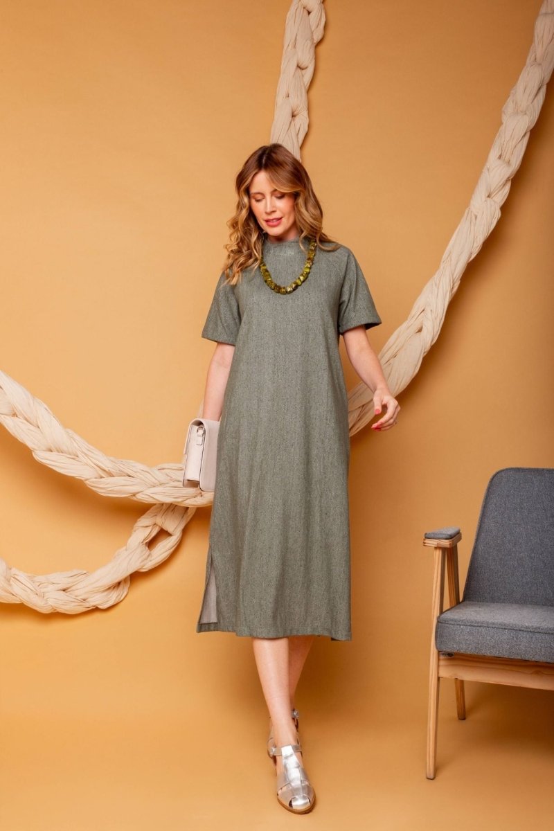Vestido Midi Manga Curta - Verde - Uhnika