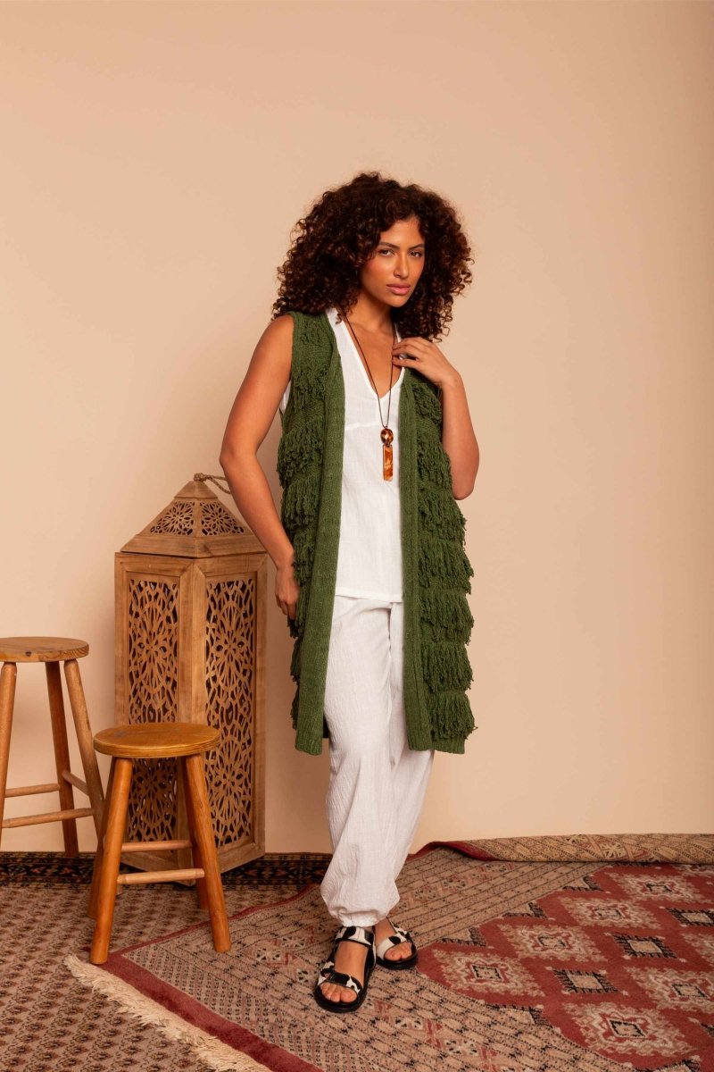 Colete Midi de Tricot com Franjas - Verde - Uhnika