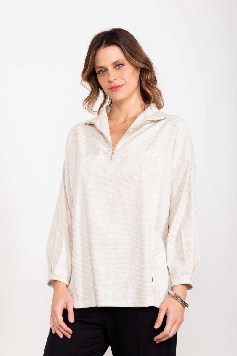 Moletom Oversized Gola Alta com Zíper - Off White - Uhnika