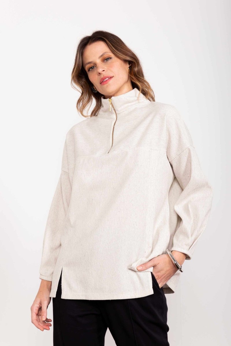 Moletom Oversized Gola Alta com Zíper - Off White - Uhnika